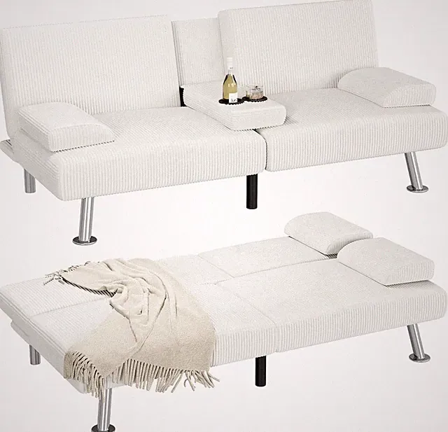 Modern Futon Sofa Bed Adjustable Backrest Cup Holders Convertible Sleeper Couch