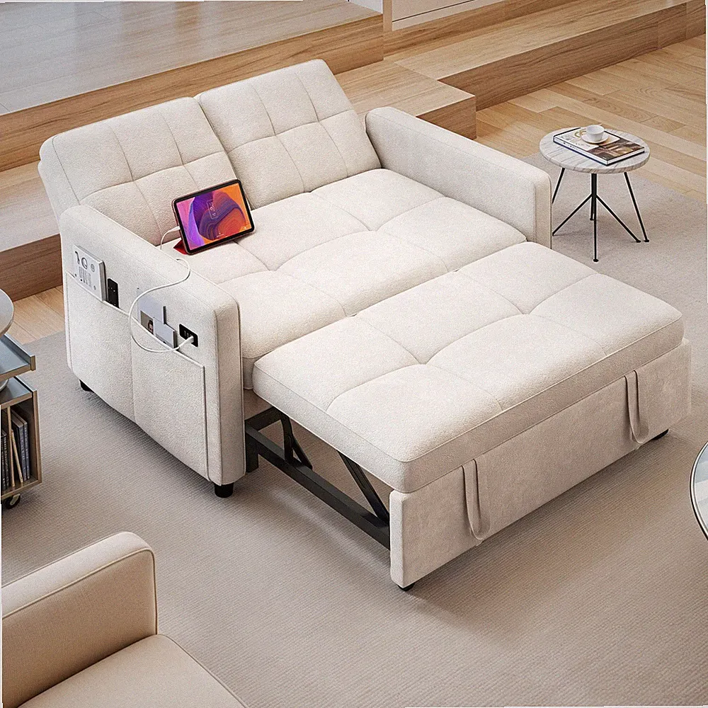 Modern Futon Sofa Bed Beige 3-in-1 Loveseat 5-Angle Convertible Couch Bedroom