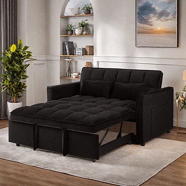 Modern Futon Sofa Bed Black 3-in-1 Pull-Out Convertible Storage Pocket Loveseat