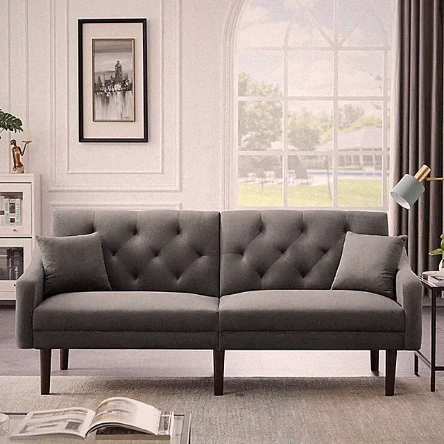 Modern Futon Sofa Bed, Convertible Folding Velvet Sofa Bed with Rubber Wood Legs