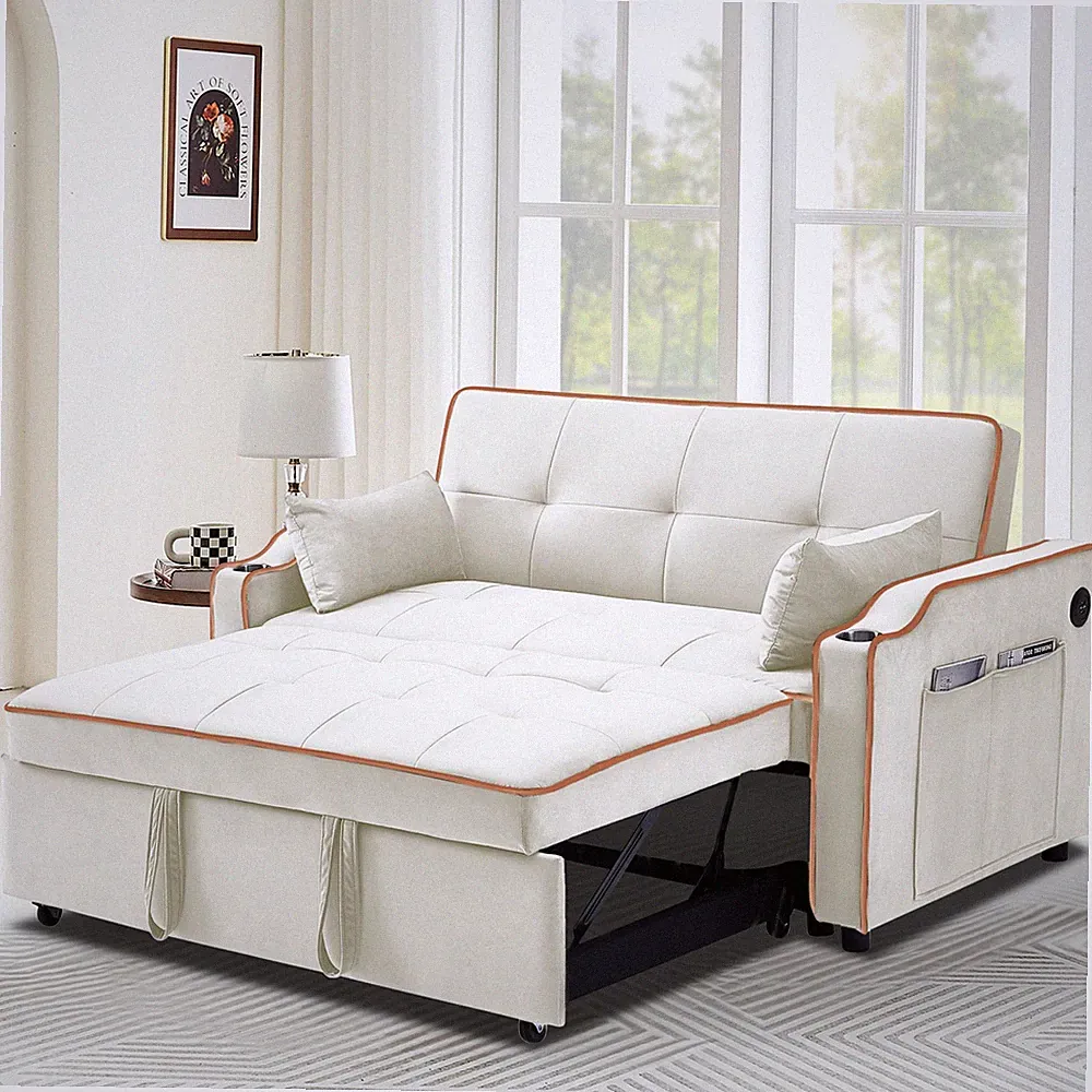 Modern Futon Sofa Bed Cream 3-in-1 Pull-Out Loveseat Reclining Tufted Couch USB