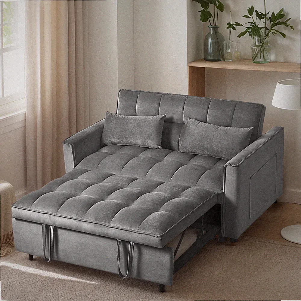 Modern Futon Sofa Bed Gray 3-in-1 Pull-Out Convertible Storage Pocket Loveseat