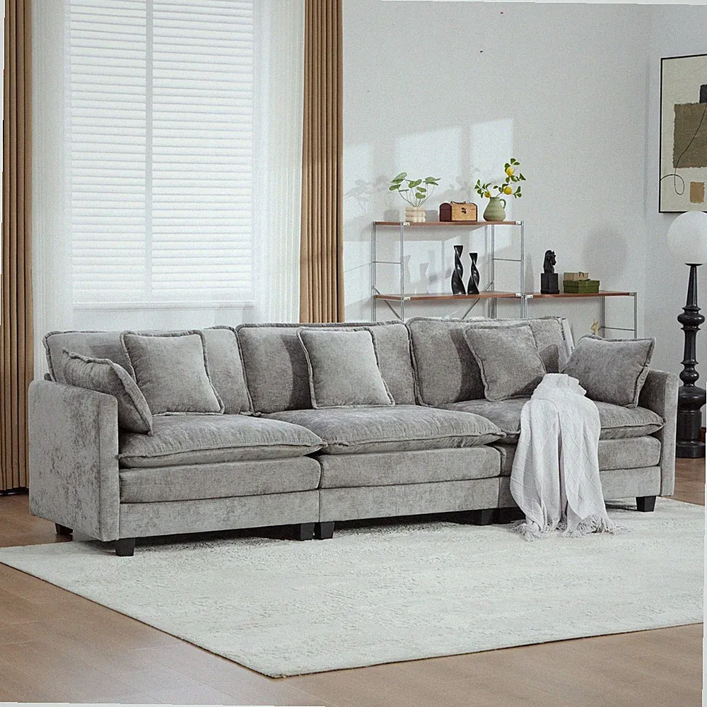 Modern Gray 3-Seat Cloud Sectional Sofa Chenille Couch for Living Room/Bedroom