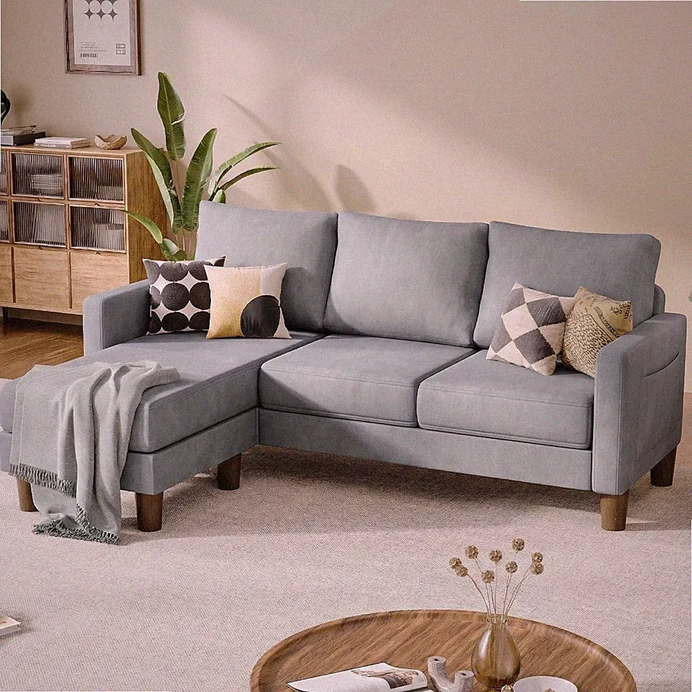 Modern Gray Convertible Sectional Sofa 3-Seater Removable Ottoman Chaise Left