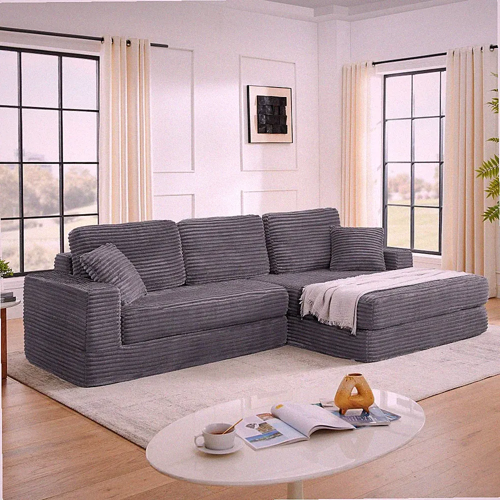 Modern Gray Corduroy L-Shaped Sectional Sofa with Convertible Bed