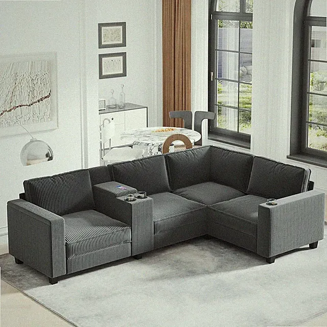 Modern Gray L-Shaped Corduroy Sofa with USB, Storage & Console