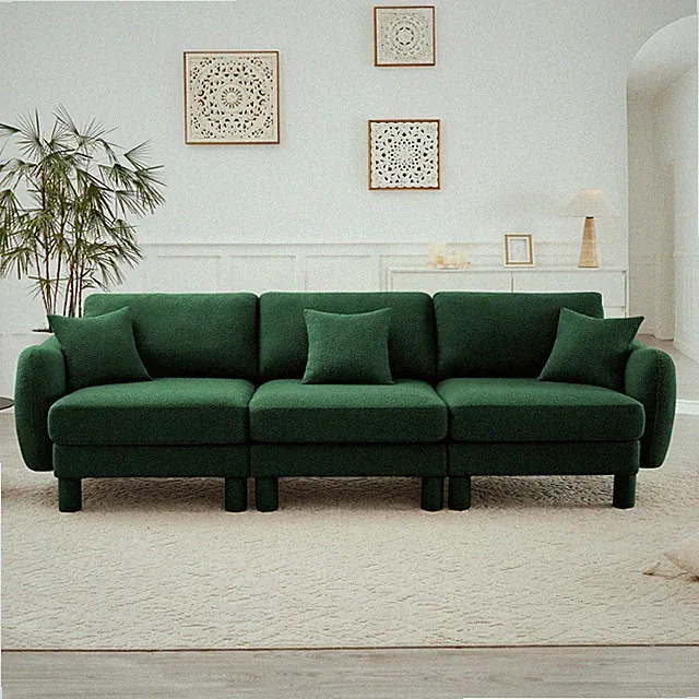 Modern Green Boucle Sofa, 3-Seat Sectional w/ Shell Armrests & Cylinder Legs