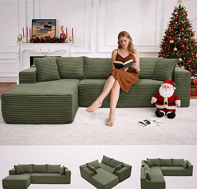 Modern Green Modular Sectional Sofa with Right Chaise & Pillows