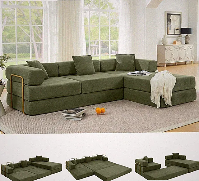 Modern Green Oversized 108" L-Shaped Convertible Sleeper Sofa Bed
