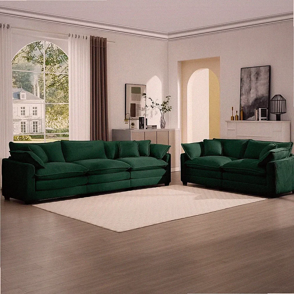 Modern Green Sectional Sofa, 2-Piece Set w/ Recliner & 8 Cushions