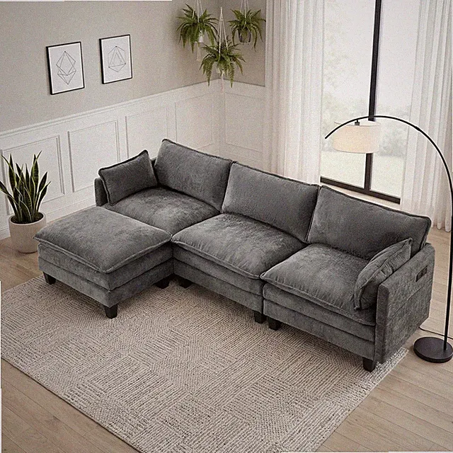 Modern Grey Chenille Sofa Set, 3-Seat Couch with Individual Matching Ottoman