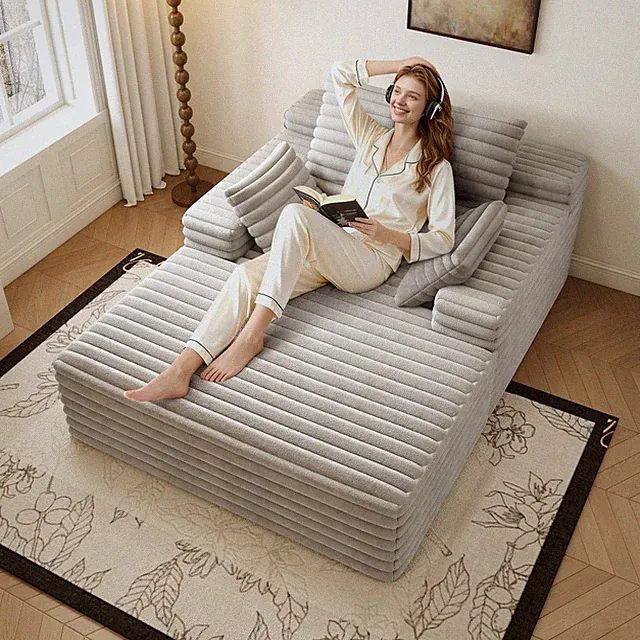 Modern Grey Corduroy Chaise Lounge Chair Indoor Oversized Upholstered Sleeper