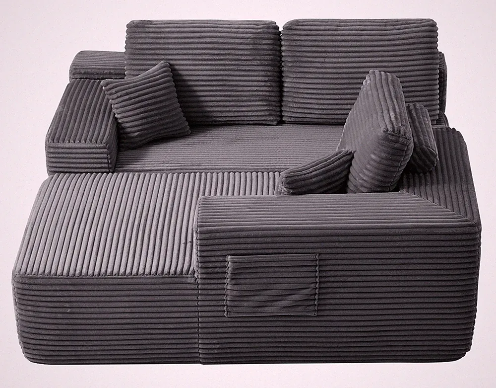 Modern grey Corduroy Sectional Sofa L Shape Deep Seat Cloud Couch Free Shipping