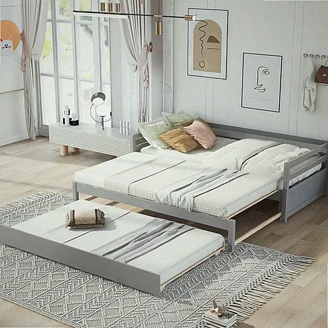 Modern Grey Daybed with 2 Trundle Beds - Twin to King, No Box Spring Needed