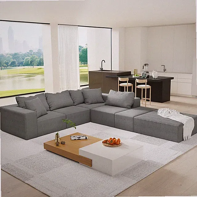 Modern Grey L-Shaped Sectional Sofa Set with Pillows & Chenille Upholstery