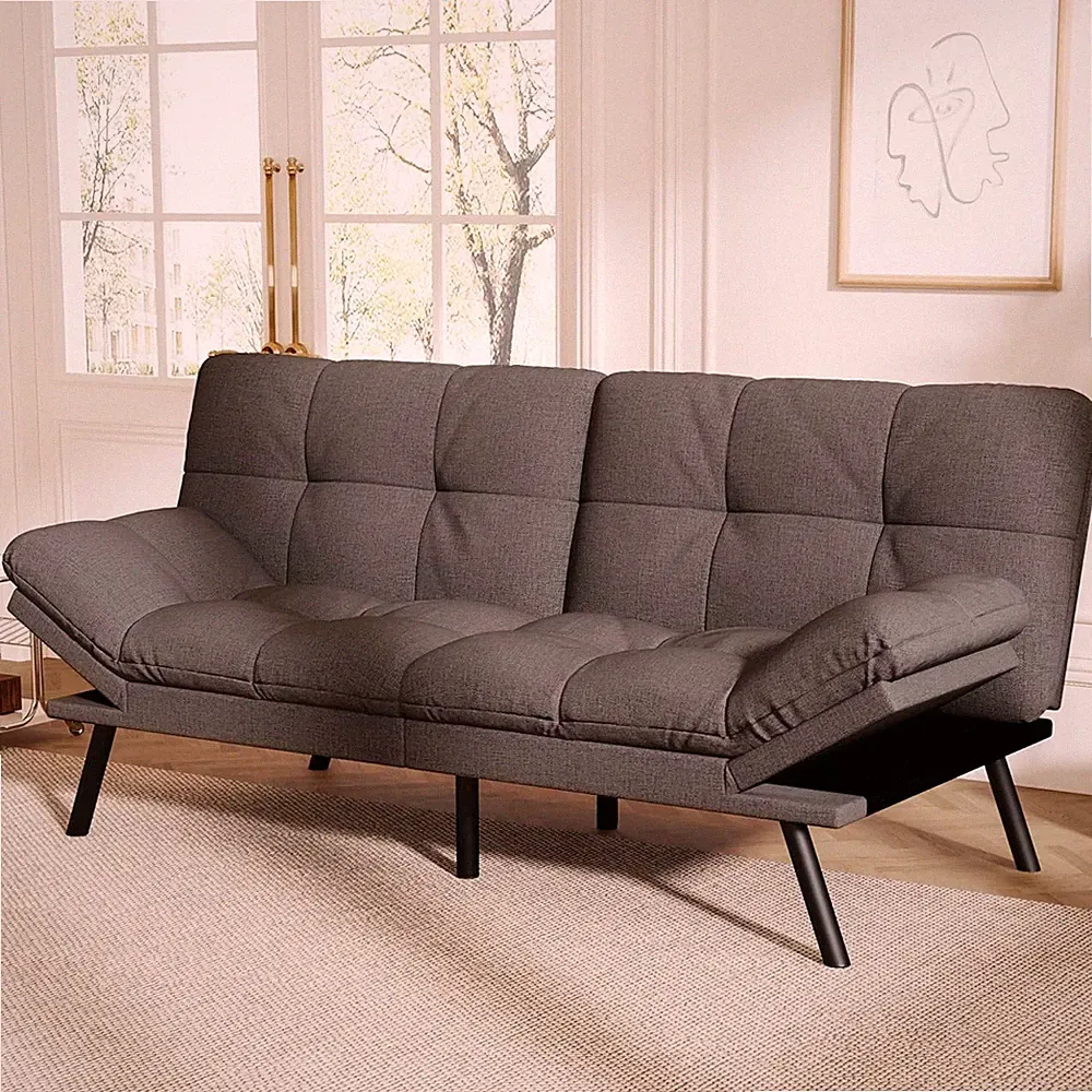 Modern Grey Linen Convertible Futon Sofa Bed with Adjustable Backrest & Armrest