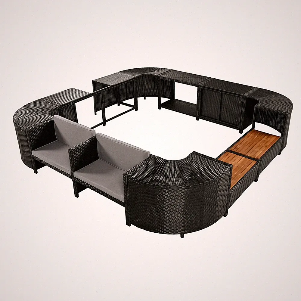 Modern Grey Rattan Frame with Sectional Sofas, Waterproof Cushions, Wooden Seats