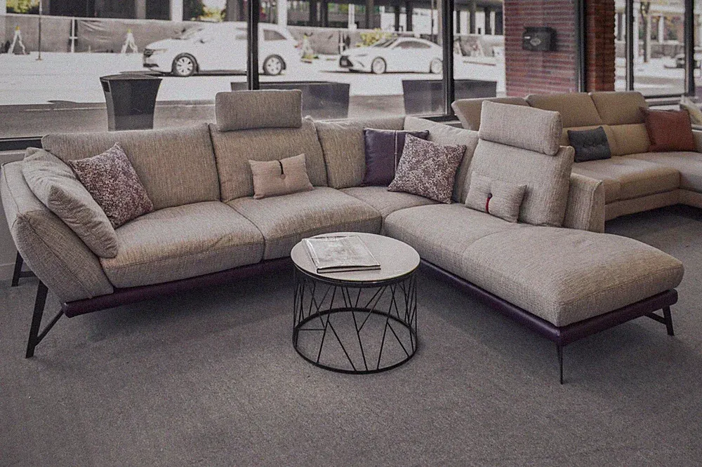 Modern Italian Luxury Fabric & Leather Sectional - Rich Wine Color - *IN-STOCK*