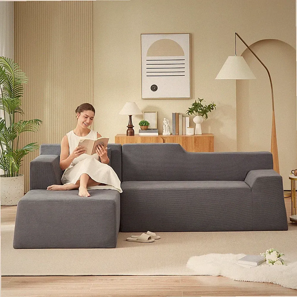 Modern L Shape Corduroy Sectional Sofa High Back Comfy Cloud Couch w/Pillows