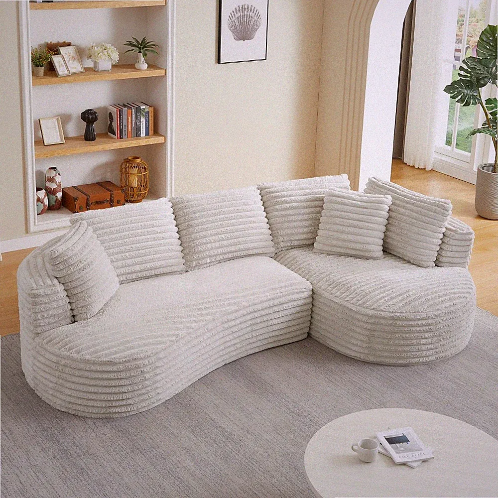 Modern L-Shape Curved Sectional Sofa Sleeper Couch, Cream Corduroy