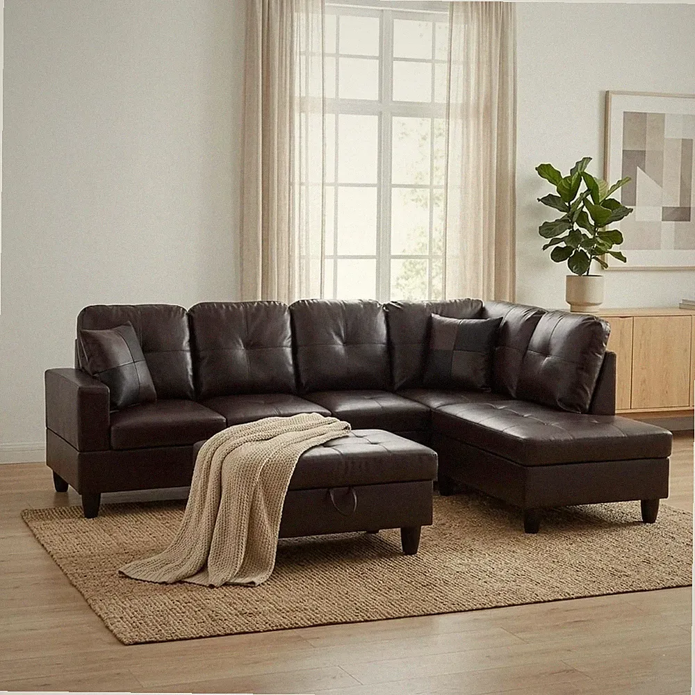 Modern L-Shape Leather Sofa Set with Storage Ottoman for Living Room, Brown