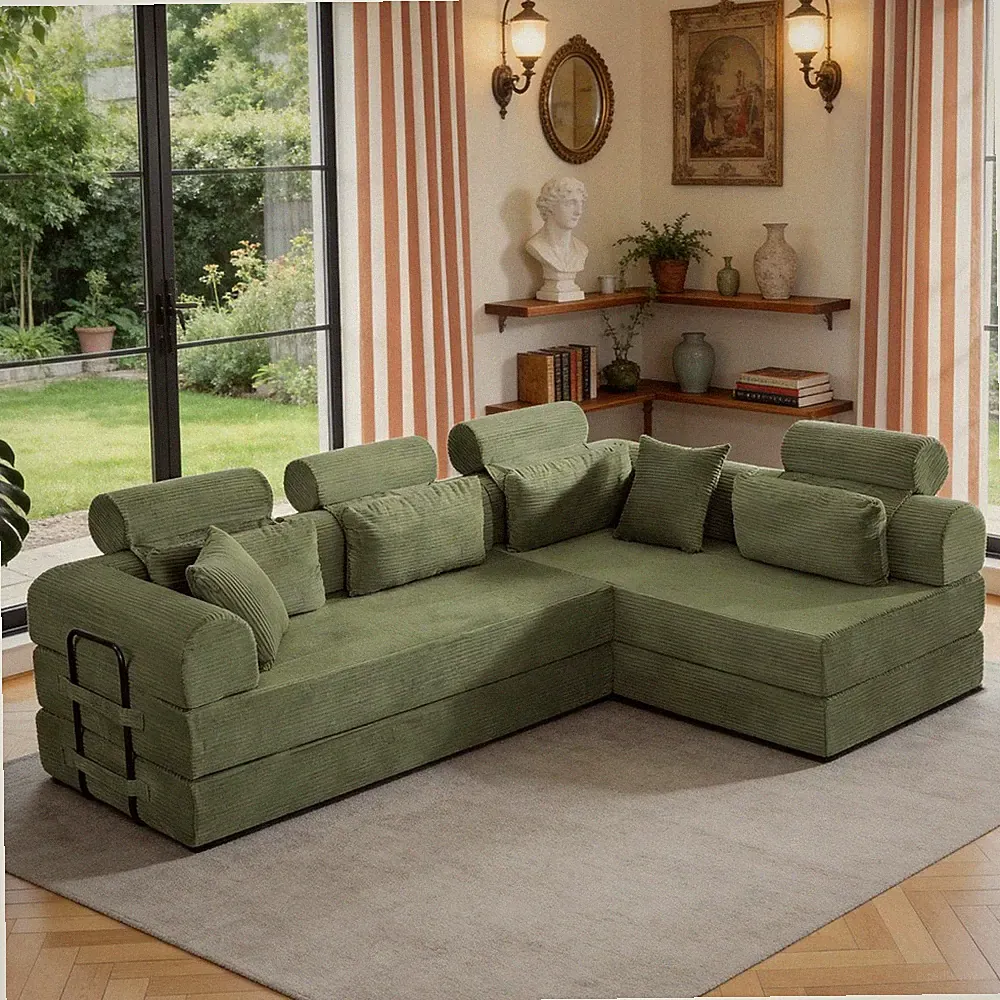 Modern L-Shape Modular Sectional Sofa Bed Corduroy Grayish-Green