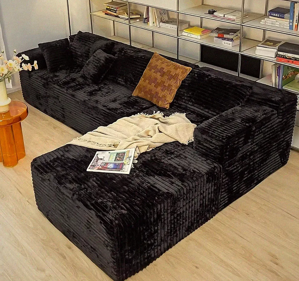 Modern L-Shape Sectional Couch Black Fabric Deep Seat Comfort No Assembly