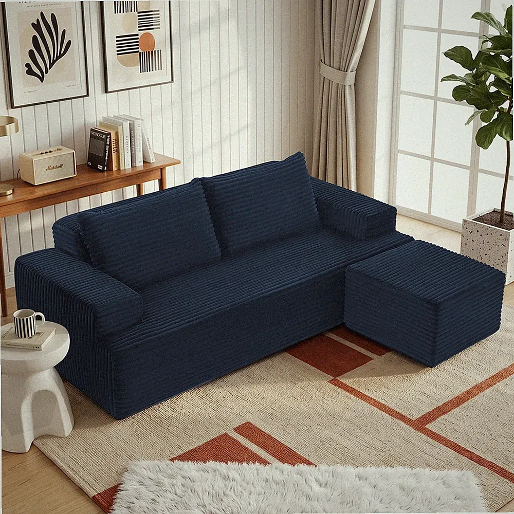 Modern L-Shape Sectional Couch, Corduroy Modular Floor Sofa with Movable Ottoman
