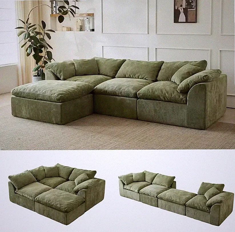 Modern L-Shaped 3-Seater Oversized Deep Seat Sofa Modular Sectional Ottoman