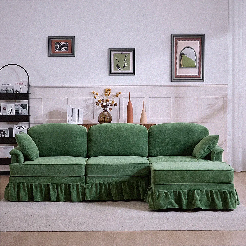 Modern L-Shaped Chenille Sectional Sofa with Ottoman, 4-Seat, Green