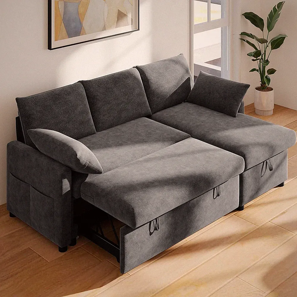 Modern L-Shaped Chenille Sofa Bed with Chaise Storage - Dark Gray 80