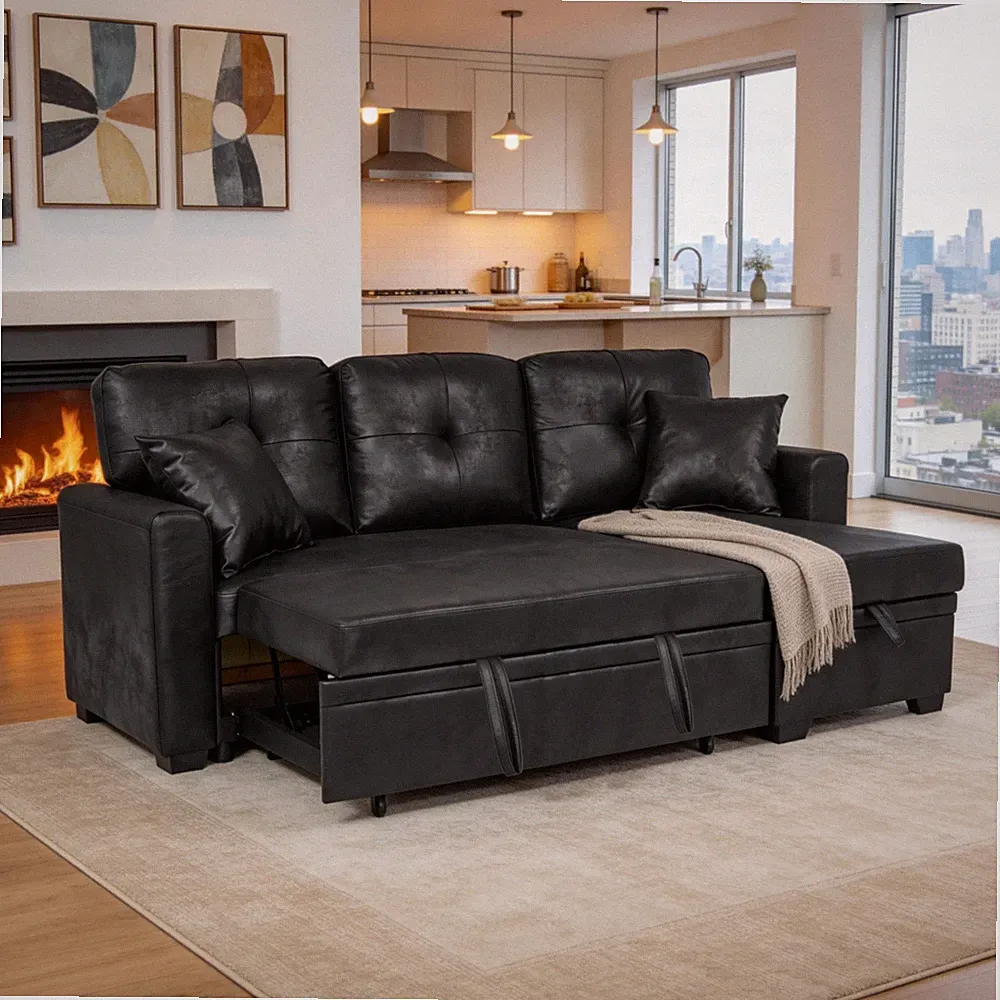 Modern L-Shaped Convertible Pull Out Sofa Bed Modular Sleeper Couch With Storage