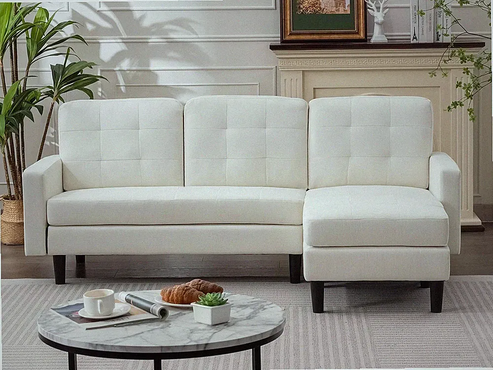 Modern L-Shaped Convertible Sofa with Reversible Chaise - White Linen Fabric