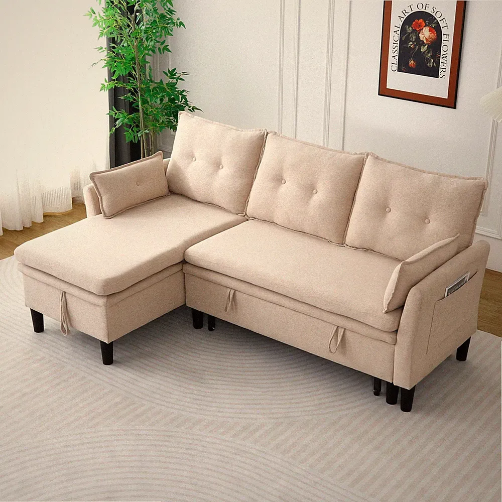 Modern L-Shaped Cotton-Linen Sectional Sleeper Sofa with Pull Out Bed & Storage