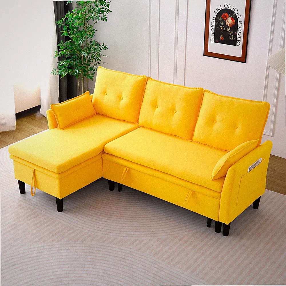 Modern L-Shaped Cotton-Linen Sectional Sleeper Sofa w/ Pull Out Bed & Storage