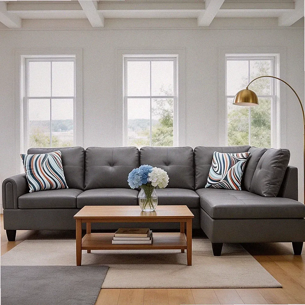 Modern L-Shaped Dark Grey Leather Sectional Sofa for Living Room & Office