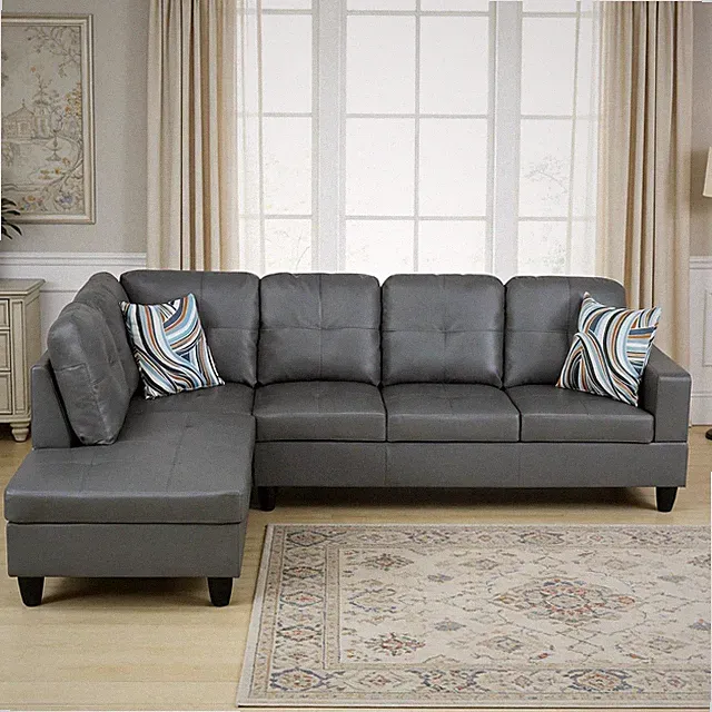 Modern L-Shaped Dark Grey Sofa with Chaise Lounge & Accent Pillows, 4-Seater