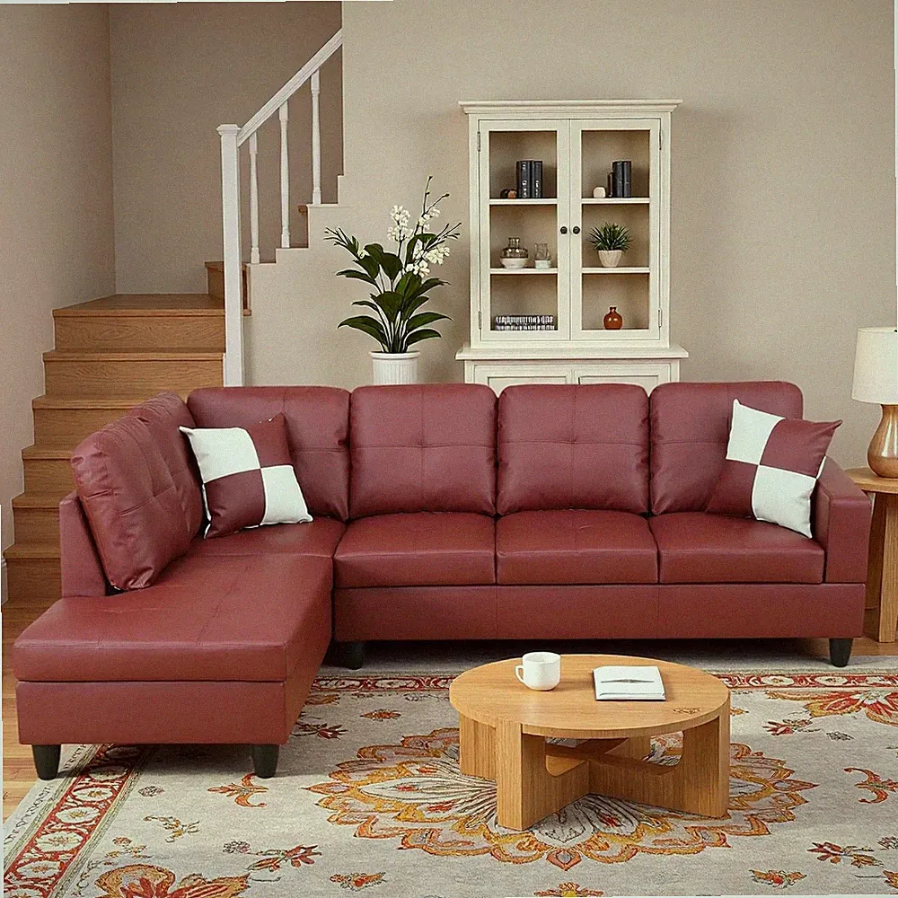 Modern L-Shaped Dark Red Leather Sectional Sofa for Living Room & Office