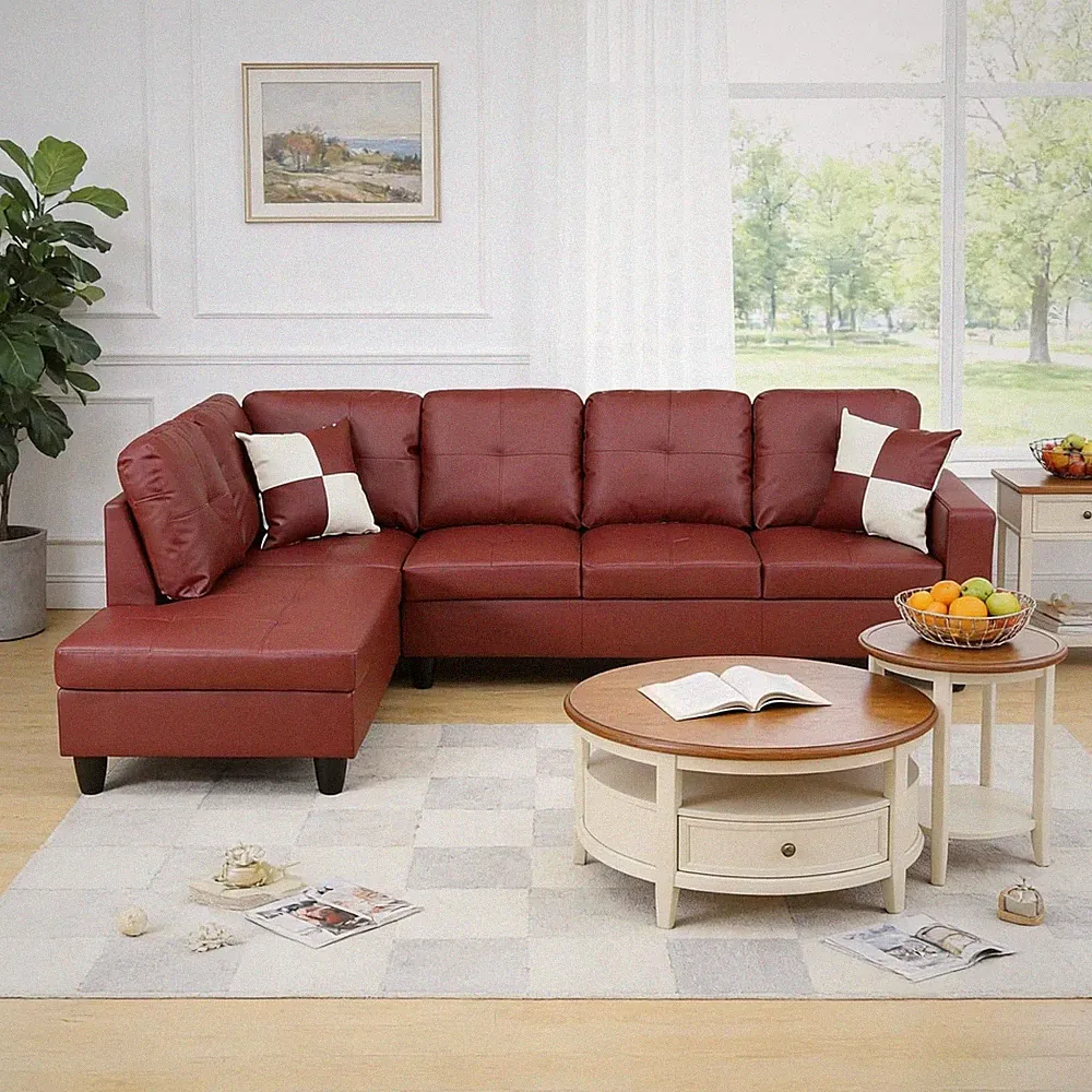 Modern L-Shaped Faux Leather Sectional Sofa with Chaise - Dark Red 4-Seater