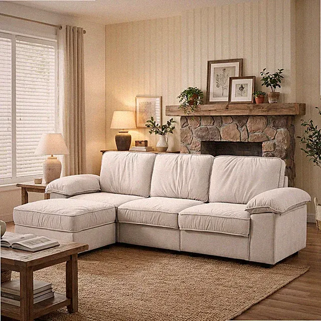 Modern L-Shaped Gray Fabric Sectional Sofa with Ottoman 4-Seat