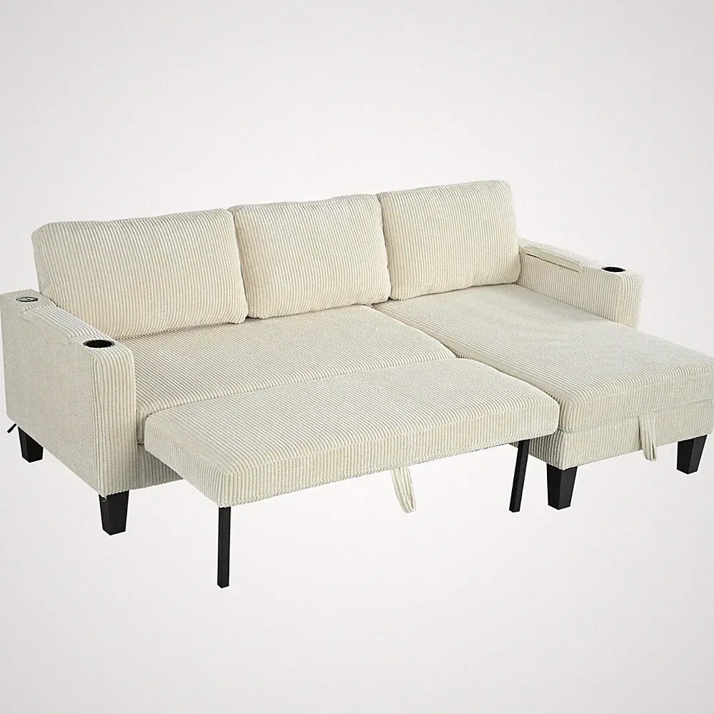 Modern L Shaped Pull Out Sectional Sofa Bed Corduroy Upholstered Sleeper Couch
