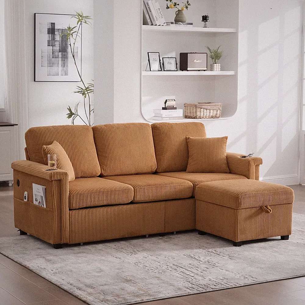 Modern L-Shaped Sectional 4-Seat Sofa w/ Storage & USB Ports & LED Light Strip