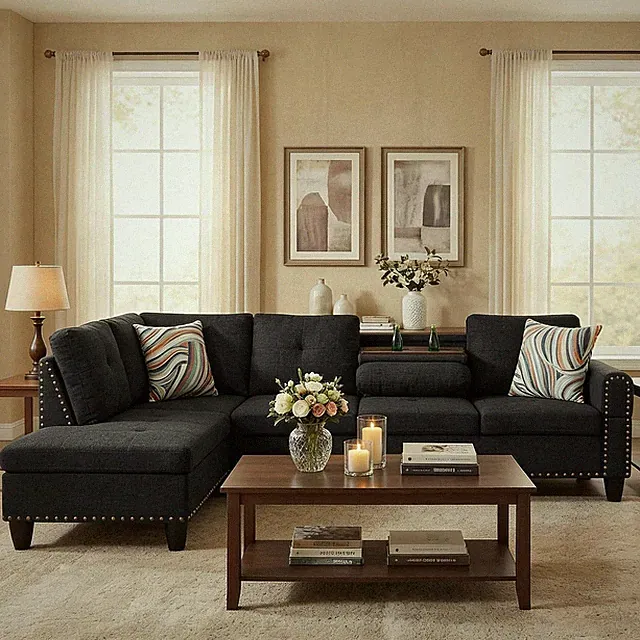Modern L-Shaped Sectional Couch with Cup Holders for Small Spaces - Black Gray