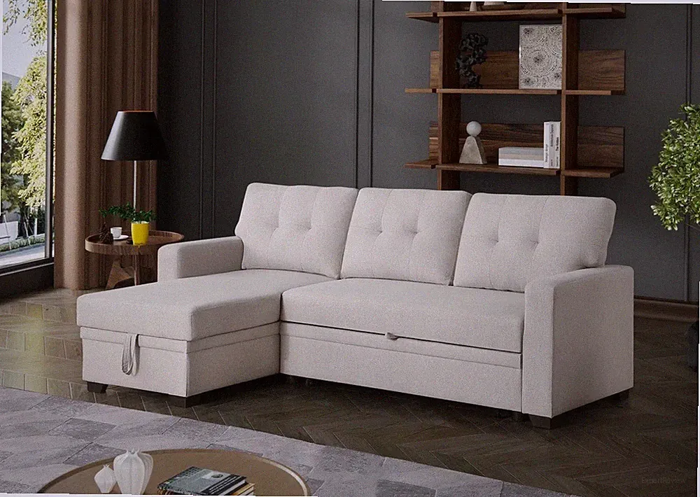 Modern L-Shaped Sectional Sleeper Sofa-Bed with Storage, for Small Spaces.