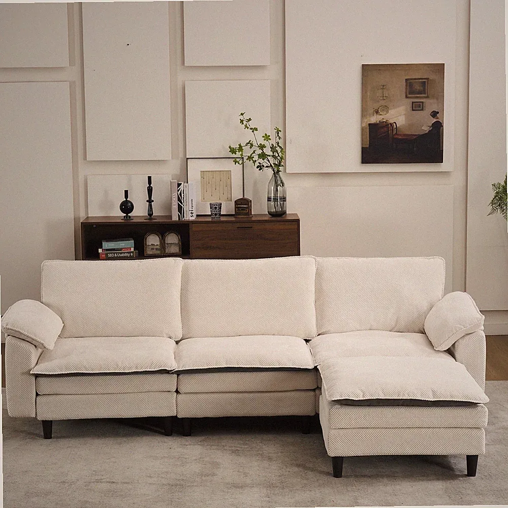 Modern L-Shaped Sectional Sofa 3-Seat Chenille Sofa Modular Couch w/Ottoman