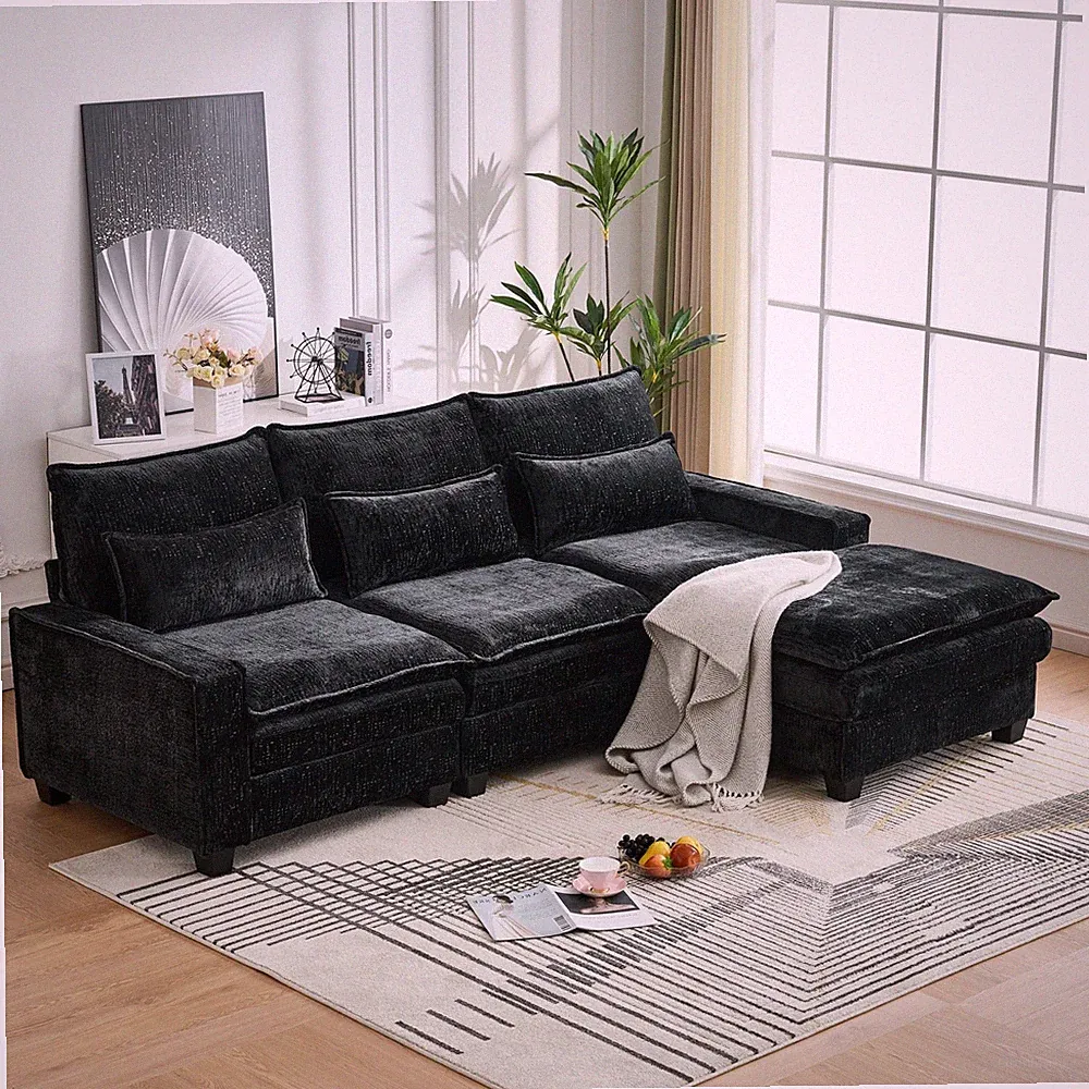 Modern L-Shaped Sectional Sofa, 4-Seat Chenille Couch with Ottoman, Black