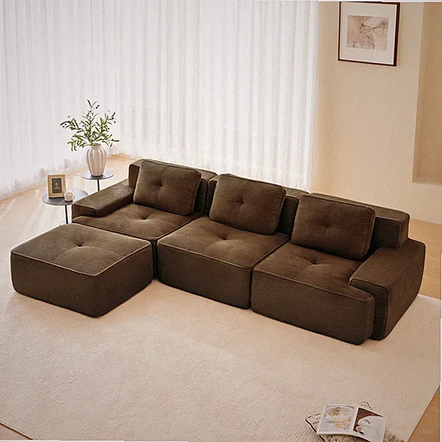 Modern L-Shaped Sectional Sofa, Brown Corduroy Fabric 3-Seater w/ Ottoman