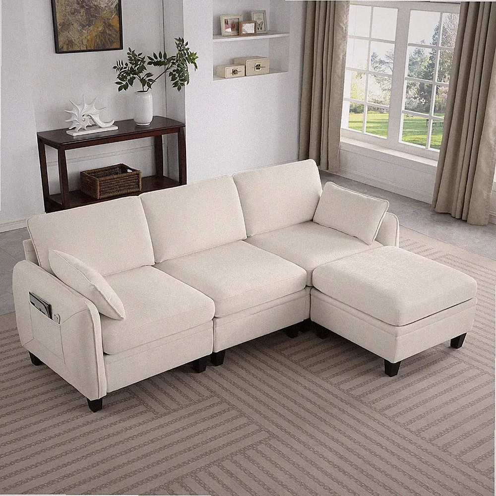 Modern L-Shaped Sectional Sofa Chenille Modular Couch w/ Storage Movable Ottoman
