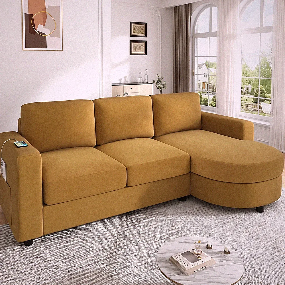 Modern L Shaped Sectional Sofa Couch 3 Seater Sofa w/ USB Ports for Living Room