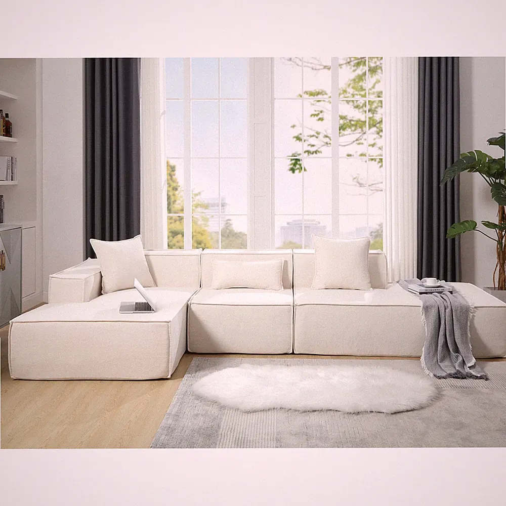 Modern L-Shaped Sectional Sofa Set, Beige, 3-Seat, Left-Hand Facing